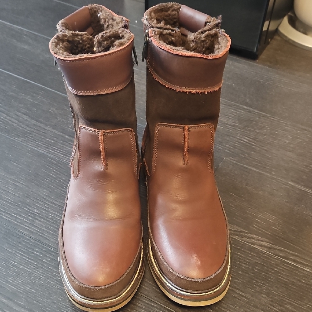 Brown Leather Mid-Calf Boots with Rugged Sole